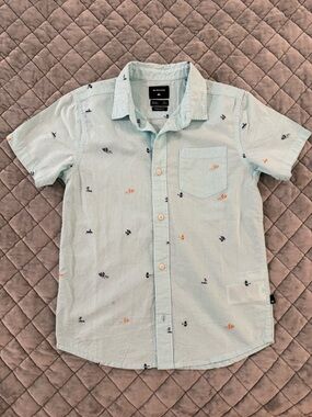 Quiksilver Light Aqua Short-Sleeve Button-Up with Navy & Orange Embroidery